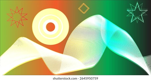 Abstract colorful background with glowing wave lines, gradient sunset colors, geometric circular and star shapes, and a futuristic digital design.