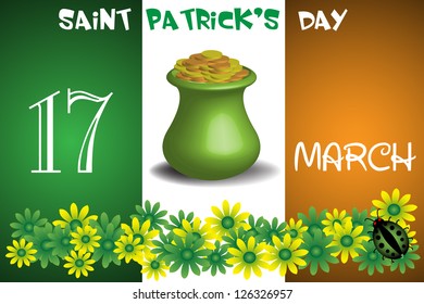 Abstract colorful background with a golden pot in the middle of an irish flag and various flowers at the bottom of the image. Saint Patrick's day theme