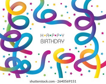 Abstract colorful background with gradient lines. Gradient 3D vector waves and swirls on white background. Set of rainbow ribbons and wavy graphic elements. Bright happy birthday template..	