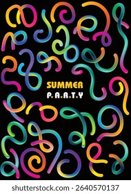Abstract colorful background with gradient lines. Gradient 3D vector waves and swirls pattern on black background. Set of rainbow ribbons and wavy graphic elements. Summer party poster layout.	