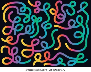 Abstract colorful background with gradient lines. Gradient 3D vector waves and swirls pattern on black background. Set of rainbow ribbons and wavy graphic elements.	