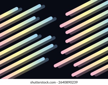 Abstract colorful background with gradient lines. 3D vector shapes on black background. Set of rainbow graphic elements isolated on black background with copy space. Party poster, wallpaper, banner.	