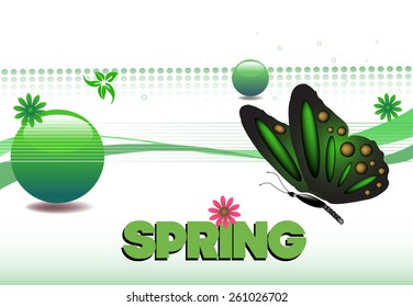 Abstract colorful background with green bubbles, butterfly and the word spring written with green letters