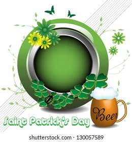 Abstract colorful background with green clovers, ladybird, beer, flowers and small butterflies, all in front of a rounded green frame. Saint Patrick's Day theme
