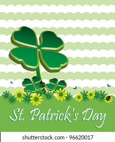 Abstract colorful background with green clovers, yellow and green flowers, ladybirds and small butterflies. Saint Patrick's Day concept