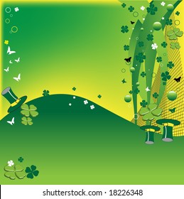 Abstract colorful background with green four leaf clovers, butterfly shapes and green hats for St. Patrick's Day