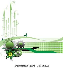 Abstract colorful background with green gears, arrows, stripes, small squares, yellow flower and green leaves. High tech design
