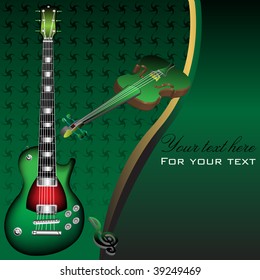 Abstract colorful background with green guitar and green violin. Stringed instruments