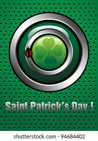 Abstract colorful background with green metallic texture, four leaf clover symbol and a red ladybird. Saint Patrick's Day theme