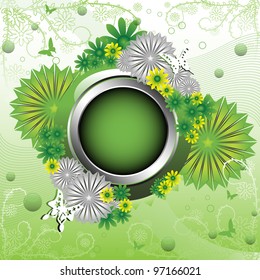 Abstract colorful background with green metallic floral frame decorated with various flowers, green bubbles and white butterflies