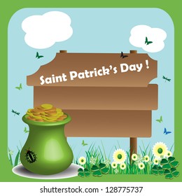 Abstract colorful background with a green pot filled with golden coins and the text Saint Patricks Day written on a wooden plate