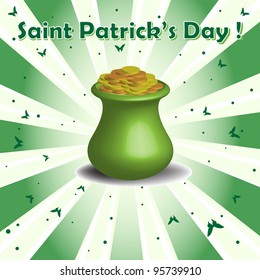 Abstract colorful background with a green pot full of golden coins and small green butterflies. Saint Patrick's Day concept