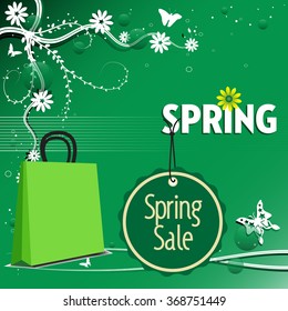 Abstract colorful background with green shopping bag, sale tag, butterflies and flowers. Spring sale concept