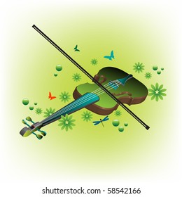Abstract colorful background with green violin, flowers and small butterflies