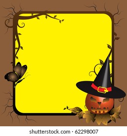 Abstract colorful background with Halloween pumpkin with a witch hat standing in a corner of a frame with tree branches. Halloween design
