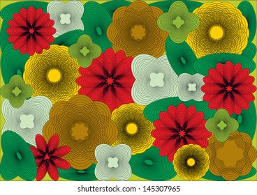 abstract colorful background with hand drawn symmetrical linen flowers and leaves in retro style
