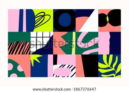 Abstract colorful Background. Hand drawn square doodle various shapes, spots, drops, curves, lines. Contemporary modern trendy Vector illustration. Patchwork concept. Poster, print template