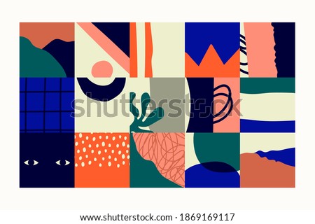 Abstract colorful Background. Hand drawn square doodle various shapes, spots, drops, curves, lines. Contemporary modern trendy Vector illustration. Patchwork concept. Poster, print, Pattern template
