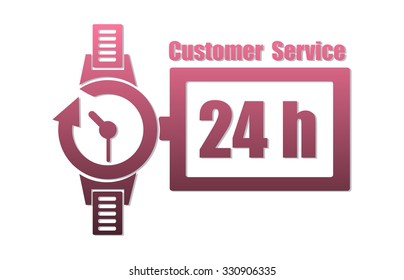 Abstract colorful background with a hand watch and the text twenty four hour customer service written on the right side of the clock