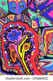 Abstract colorful background. Hand-drawn illustration, vector format. Floral and ornamental motifs. Psychedelic texture. Free drawing background. Art therapy element.