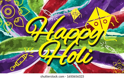 Abstract colorful background and 'Happy Holi' text and Holi festival theme banner vector illustration.