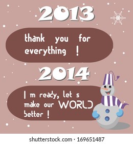 Abstract colorful background with a happy snowman being thankful for the past year and ready for the new year to come