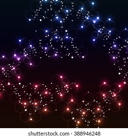 Abstract colorful background with hexagons and circle light.