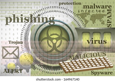 Abstract colorful background with high tech elements, computer keyboard, binary codes and various words related to internet security
