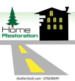 Abstract colorful background with house shape near a road and the text home restoration written near the house