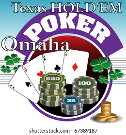 Abstract colorful background with huge poker jackpot, poker cards, four leaf clovers and golden coins. Poker theme