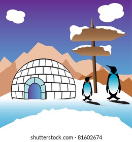 Abstract colorful background with an igloo made from ice, two penguins and wooden pointer planted in the snow