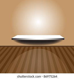 Abstract colorful background with illuminated shelf under an empty wall