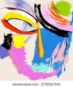 abstrakter bunter Hintergrund, Illustration mit Linien, Wellen, Kreisen, Malstrichen und Spritzer, Gesicht oder Maske
