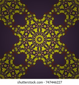 Abstract colorful background for invitation, wedding card. Decorative arabic round ornate mandala in brown, violet and orange colors. Vintage vector seamless pattern for print or fabric.