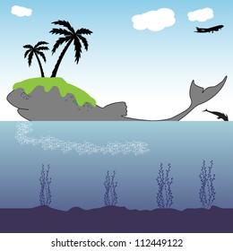 Abstract colorful background with island that rose on the head of a whale
