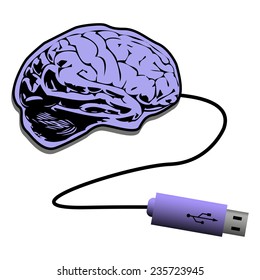 Abstract colorful background with an isolated brain connected to an USB flash drive