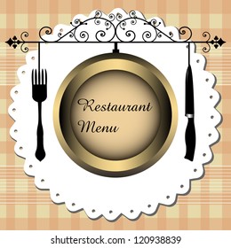 Abstract colorful background with knife, fork and a brown plate on which is written the text restaurant menu