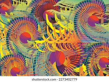 Abstract colorful background with lines, circles and spiral elements. Beautiful vibrant backdrop for interiors, covers, wallpapers, fashion trends, business concepts, scrapbooking, posters, etc. 