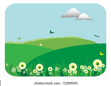 Abstract colorful background with low green hills, a few butterflies, clouds and beautiful flowers. Spring theme
