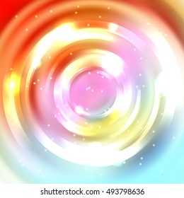 Abstract colorful background with luminous swirling backdrop. Vector infinite round tunnel of shining flares.  Yellow, pink, white, blue, orange colors