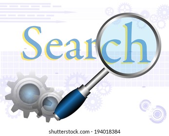 Abstract colorful background with magnifying glass, blue gears and the word search written with blue letters. Search theme