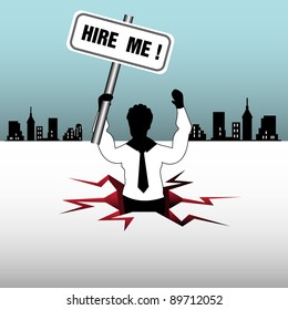 Abstract colorful background with a man coming out from an ice crack with a banner on which is written the text hire me. Searching for a job theme