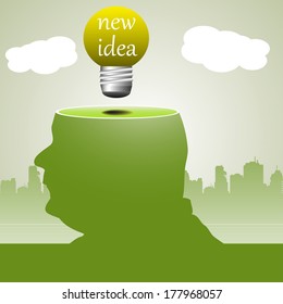 Abstract colorful background with a man having his had sliced and a yellow light bulb shining. New idea concept