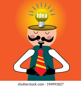 Abstract colorful background with a man having his head sliced and a yellow light bulb with the word idea coming out from his head. Idea theme