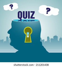 Abstract colorful background with a man having his head sliced off and the word quiz written in blue above his head