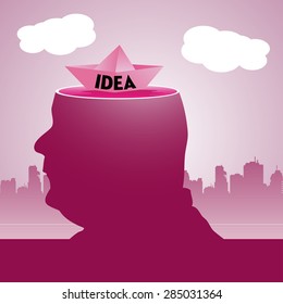 Abstract colorful background with a man having his head sliced off and a paper boat with the text idea floating on his sliced head. Idea concept