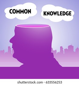 Abstract colorful background with man with his head sliced off and two clouds with the text common knowledge floating above his head