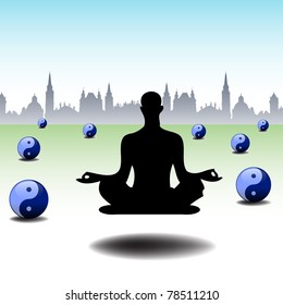 Abstract colorful background with a man levitating between yin and yang balls. Levitation concept