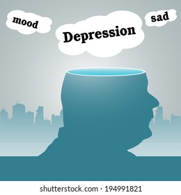 Abstract colorful background with a man with a sliced head and various clouds floating above his head. Depression theme