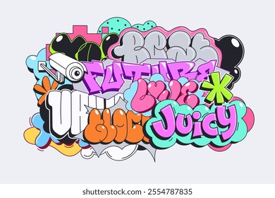 Abstract colorful background with many graffiti pieces and doodles in different styles. Vector graffiti wall isolated on white. Urban art.